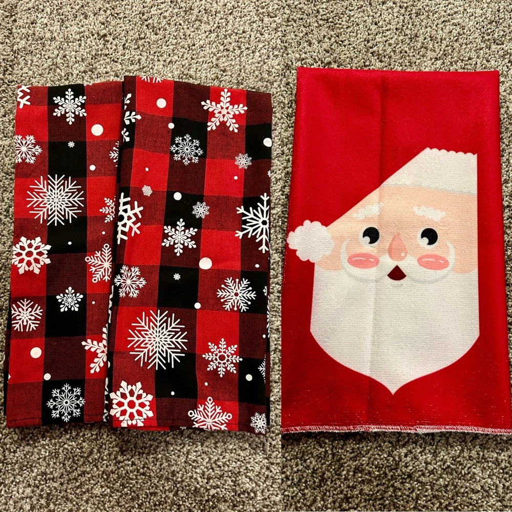 Christmas Santa buffalo check holiday plaid snowflake kitchen dish towel set